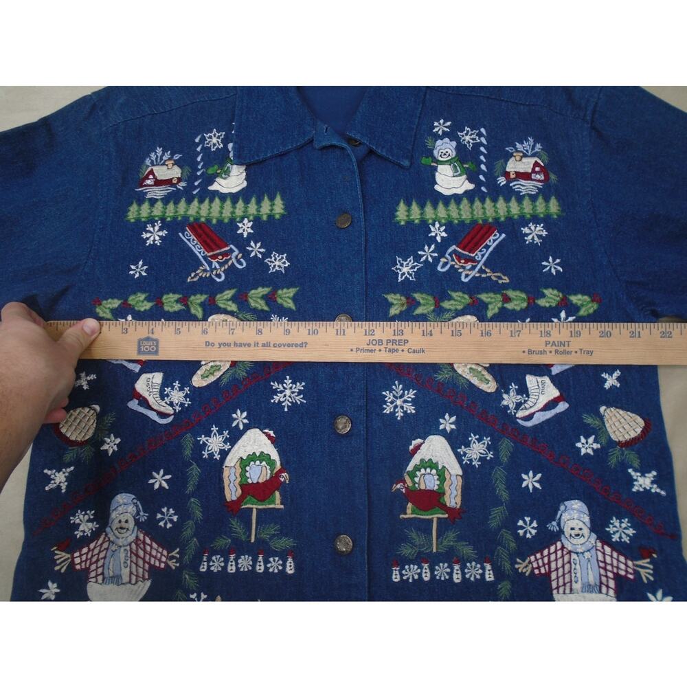 Vintage Casey Coleman Christmas Denima Shacket Button Embroidered Snowman Size M - Picture 5 of 10